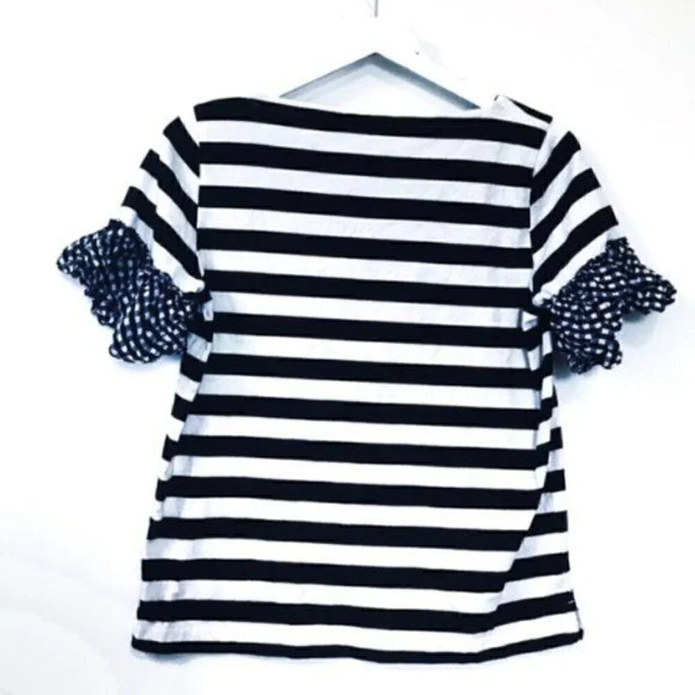 J. Crew gingham ruffle sleeve striped top, Size S